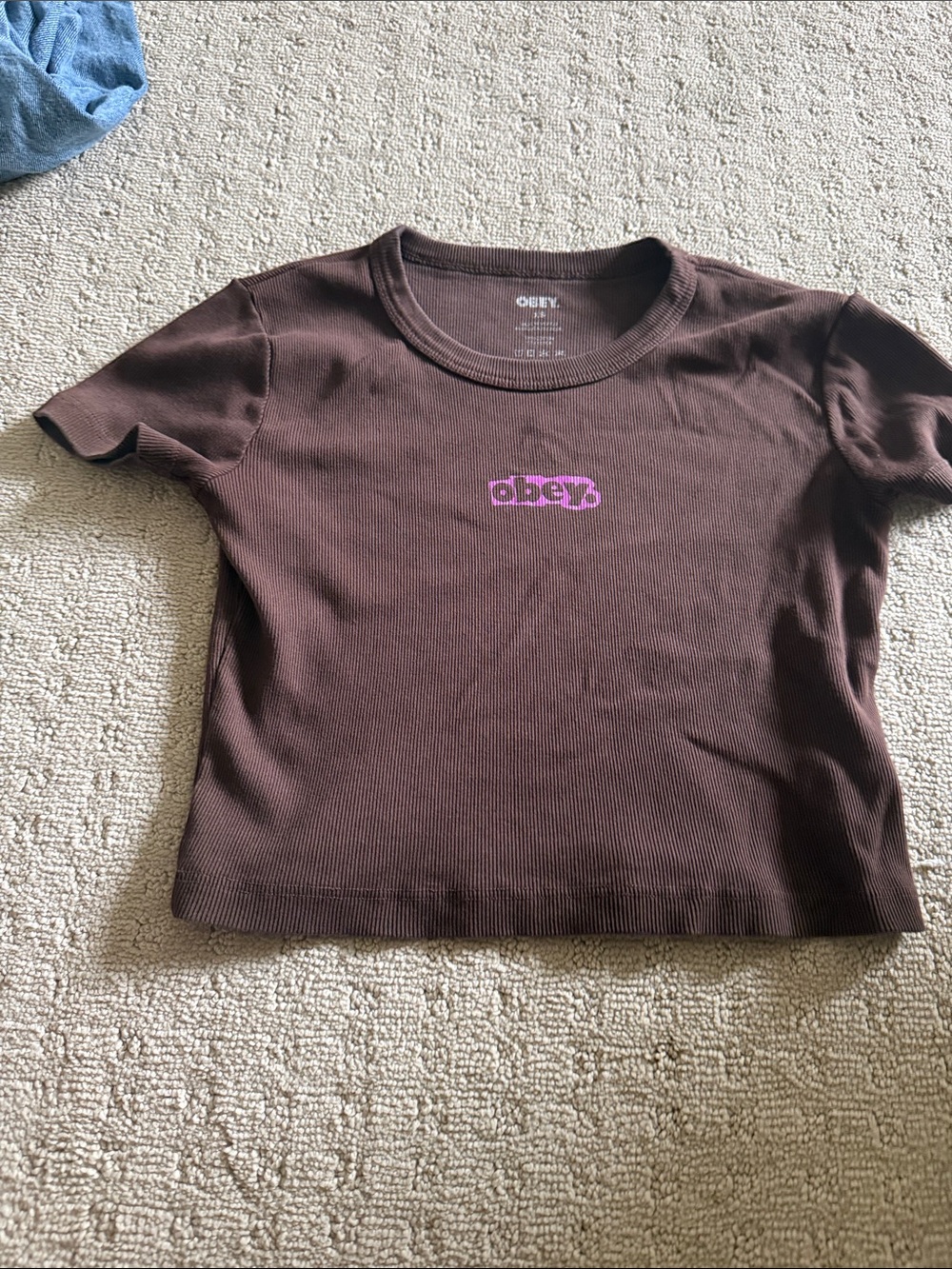 Obey Brown Ribbed Short Sleeve Tee with Pink Logo